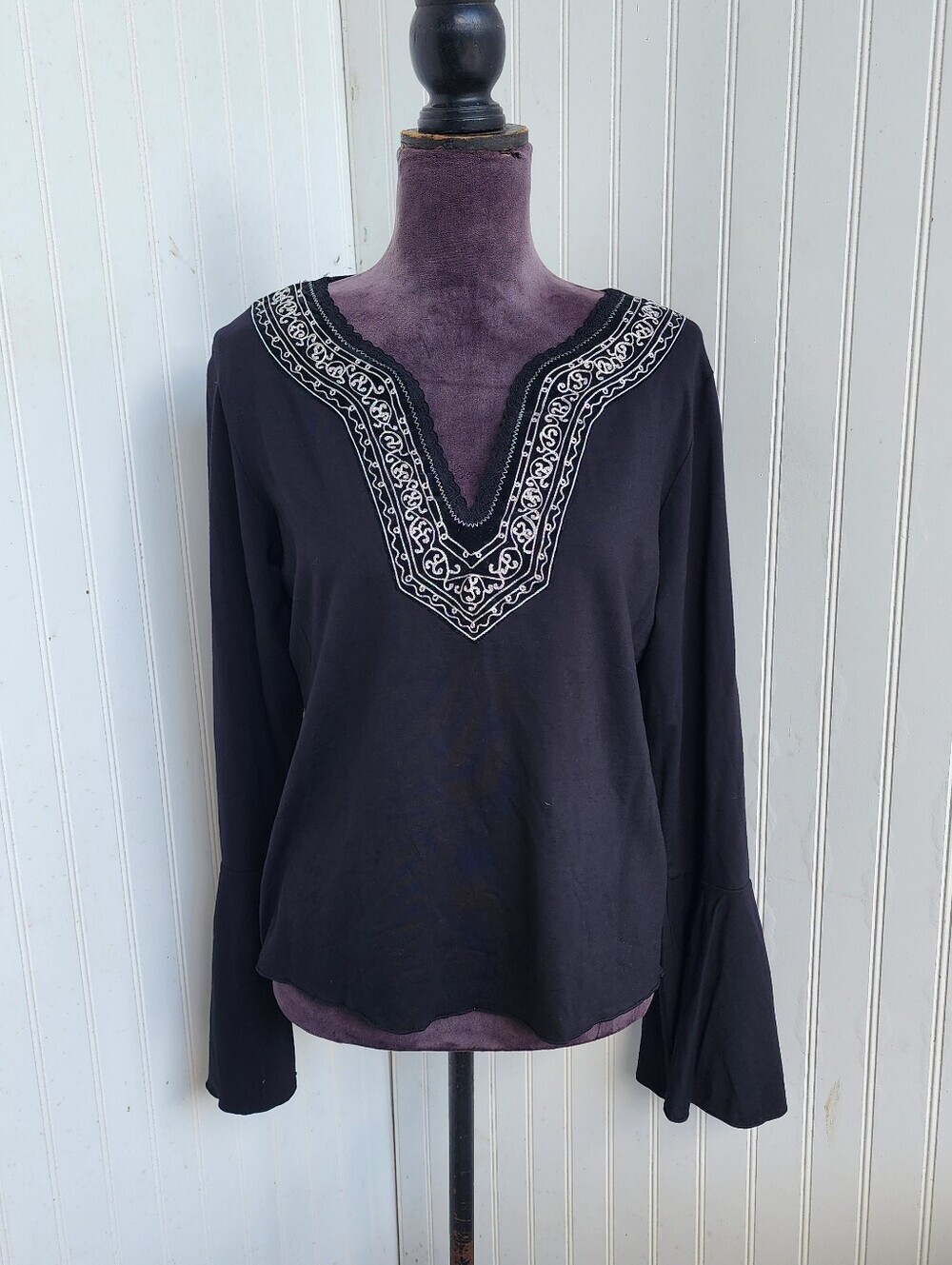 INC International Concepts Women Black Floral Embroidered Knit Top Boho Rayon XL